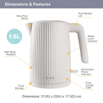 Quest 1.5L 3000W White Electric Kettle & Quest 2-Slice Grooved Toaster Set