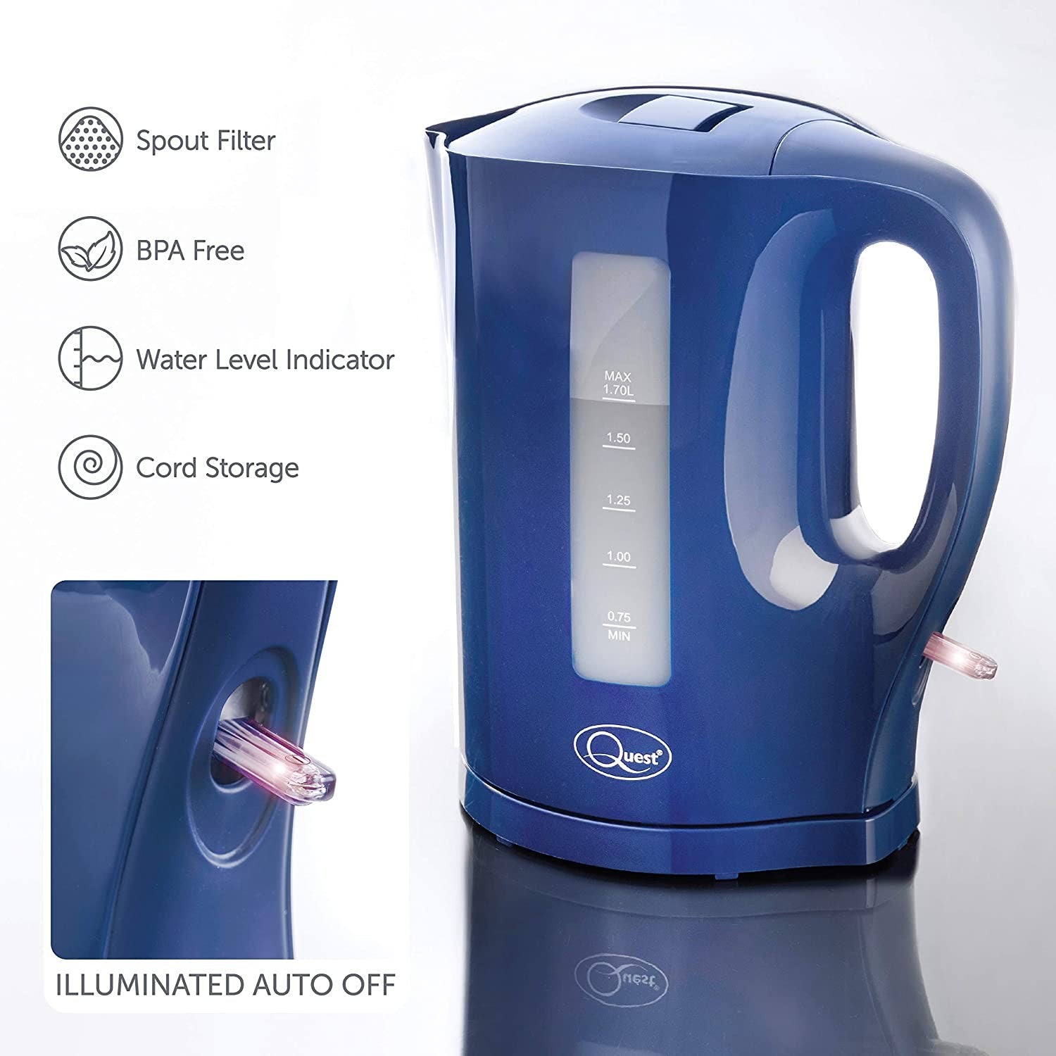 Quest 2200W 1.7 Litre Navy Blue Electric Kettle