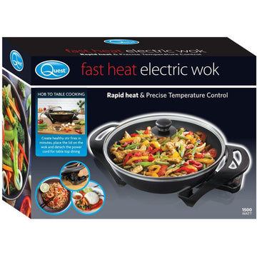 Quest 1500W Black Fast Heat Non-Stick Electric Wok with Lid