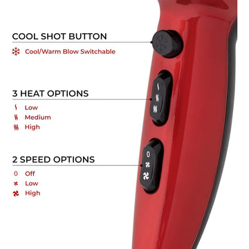 2200W Red Professional Hair Dryer Concentrator Nozzle Cool Shot