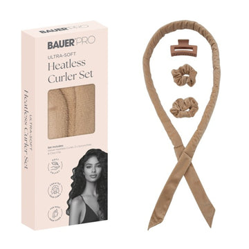 Bauer Heatless Hair Curler Set | Overnight Curling Rod with Scrunchies Beige