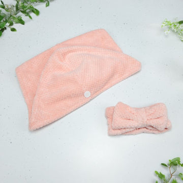 Bauer Hair Towel Wrap & Bow Headband Set | Pink Microfibre Quick Dry