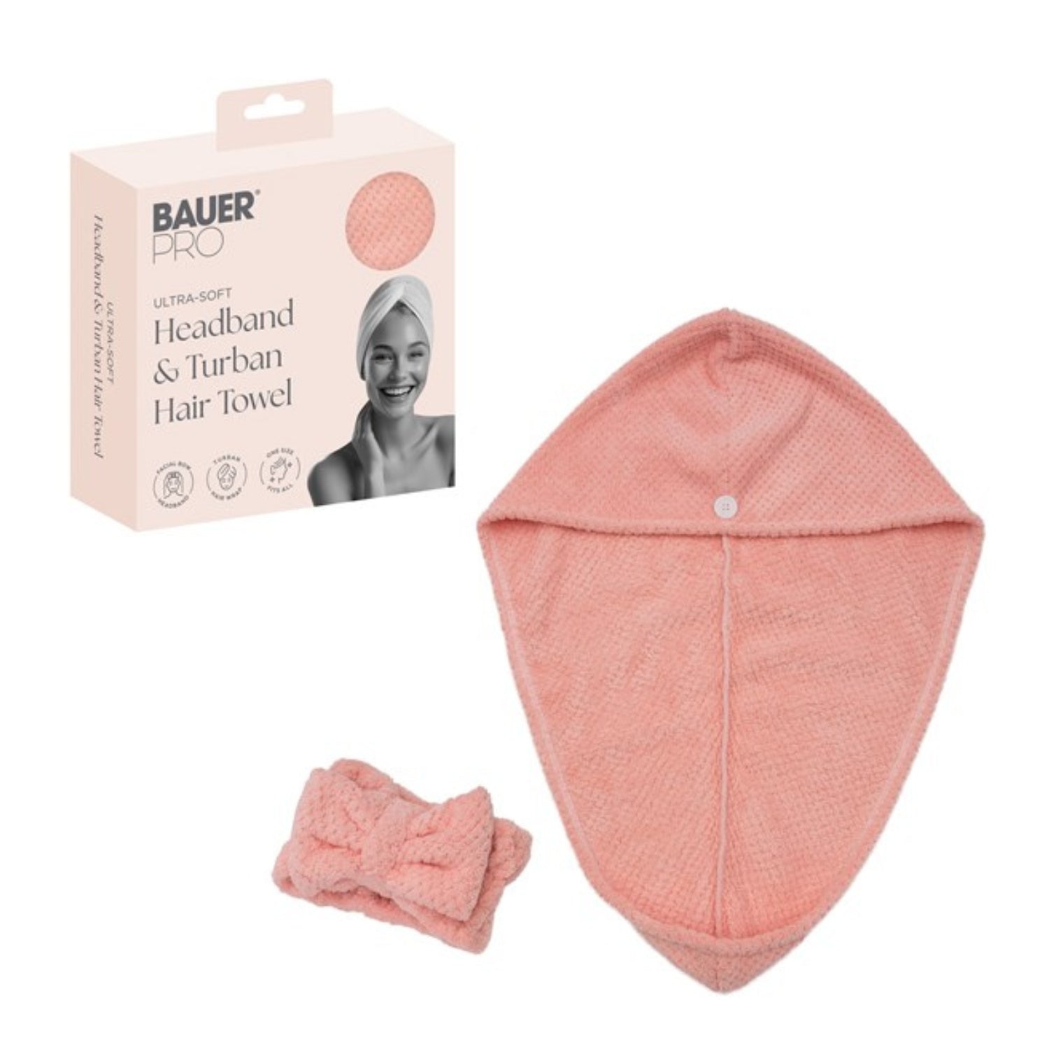 Bauer Hair Towel Wrap & Bow Headband Set | Pink Microfibre Quick Dry
