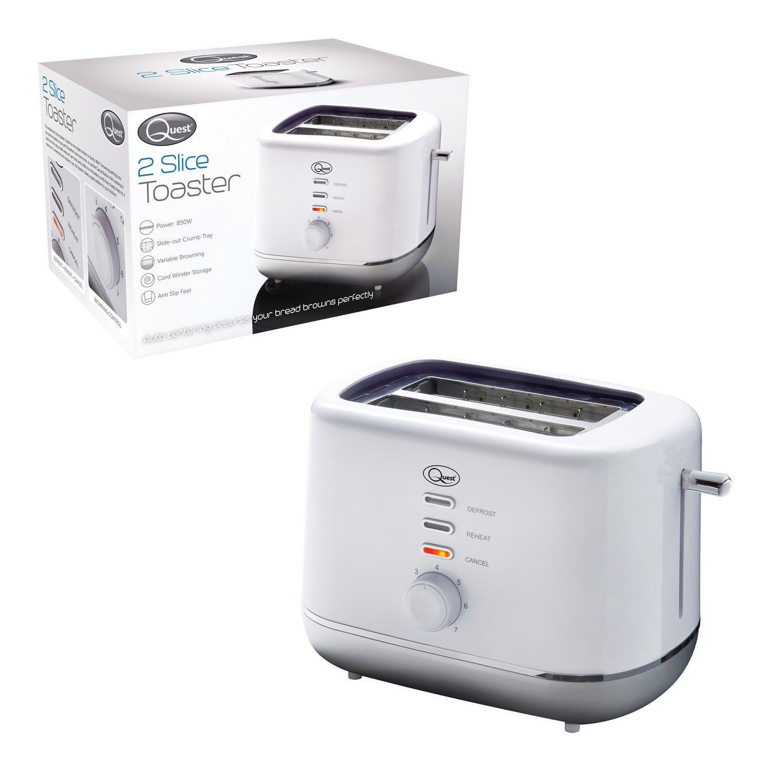 Quest 2 Slice White and Silver Toaster