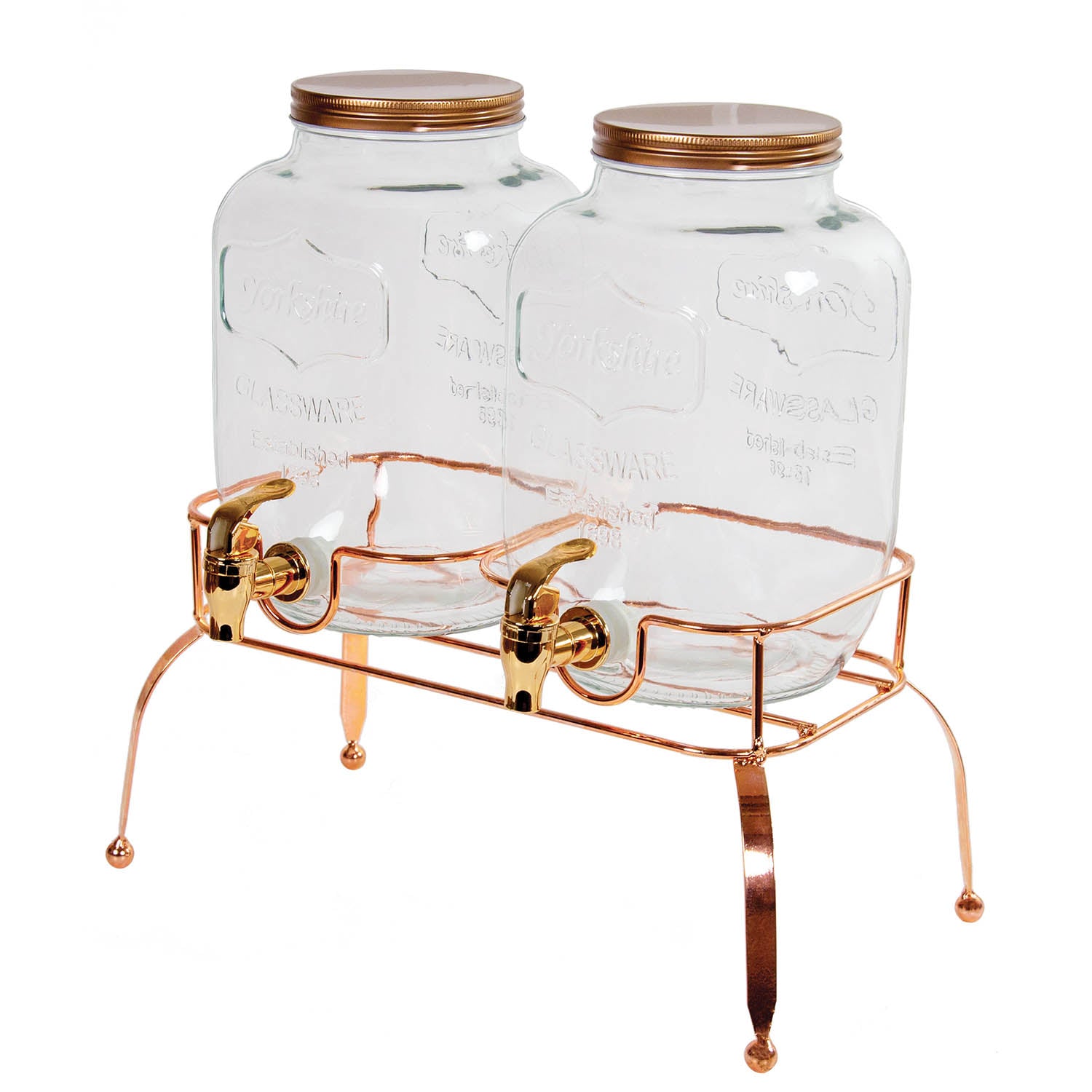 Set of 2 Vintage 4L Glass Jug Dispensers Tap Rose Gold with Stand