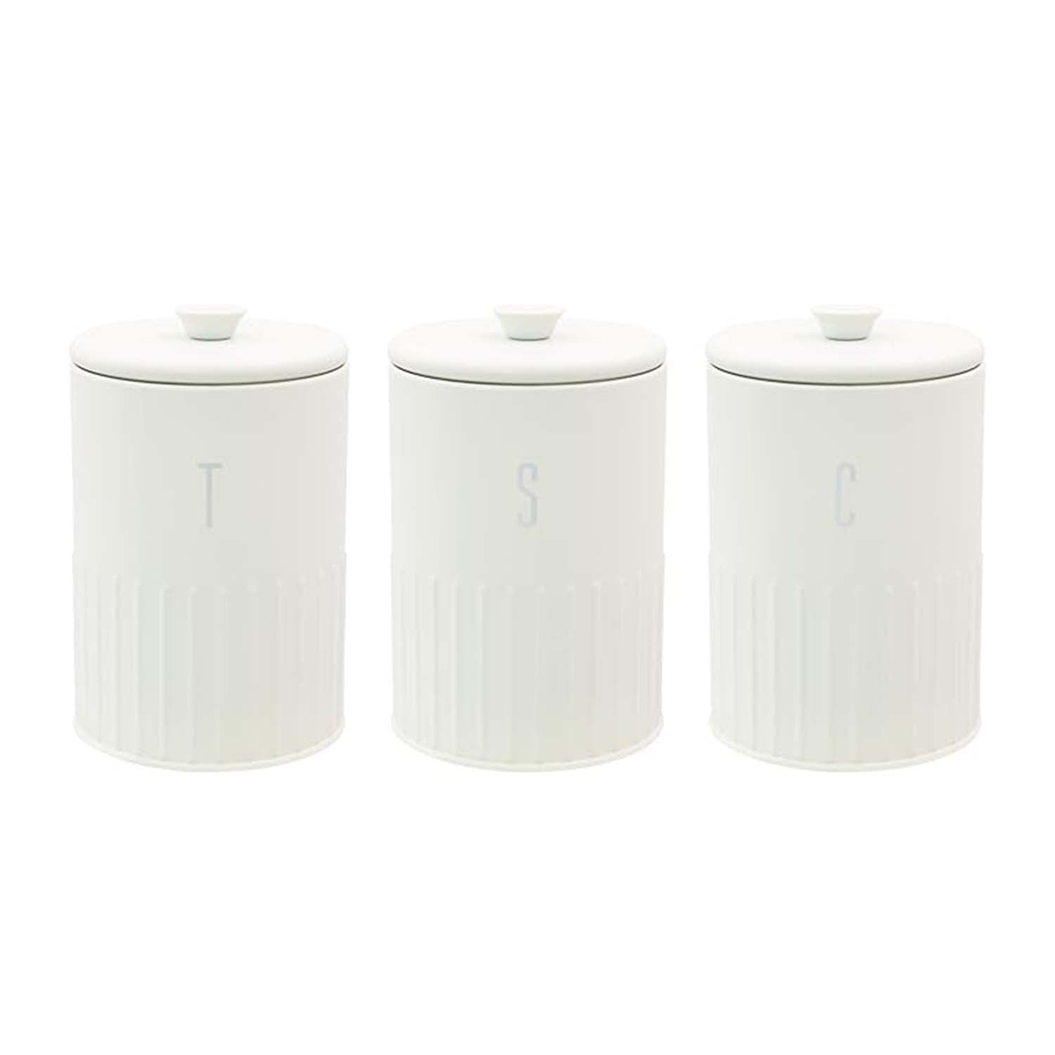 3Pc 1.35L Ivory Finish Ribbed Coffee Tea Sugar Canisters Set