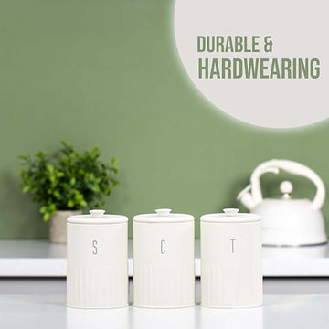 3Pc 1.35L Ivory Finish Ribbed Coffee Tea Sugar Canisters Set