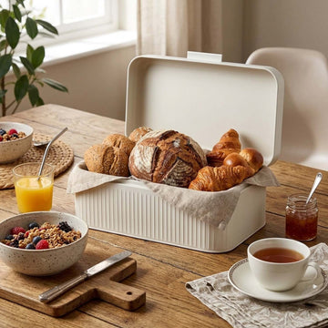 15L Large Ivory Finish Metal Bread Bin With Hinged Lid