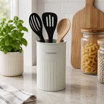 Ivory Finish Ribbed Metal Utensils Holder