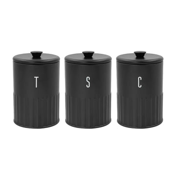 3Pc 1.35L Black Finish Ribbed Coffee Tea Sugar Canisters Set