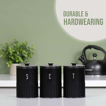 3Pc 1.35L Black Finish Ribbed Coffee Tea Sugar Canisters Set