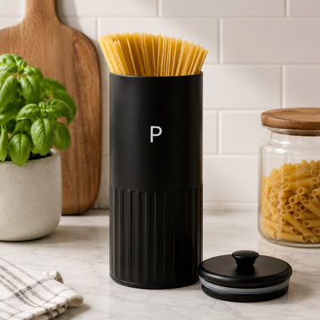 Round Black Finish Metal Pasta Canister With Airtight Lid