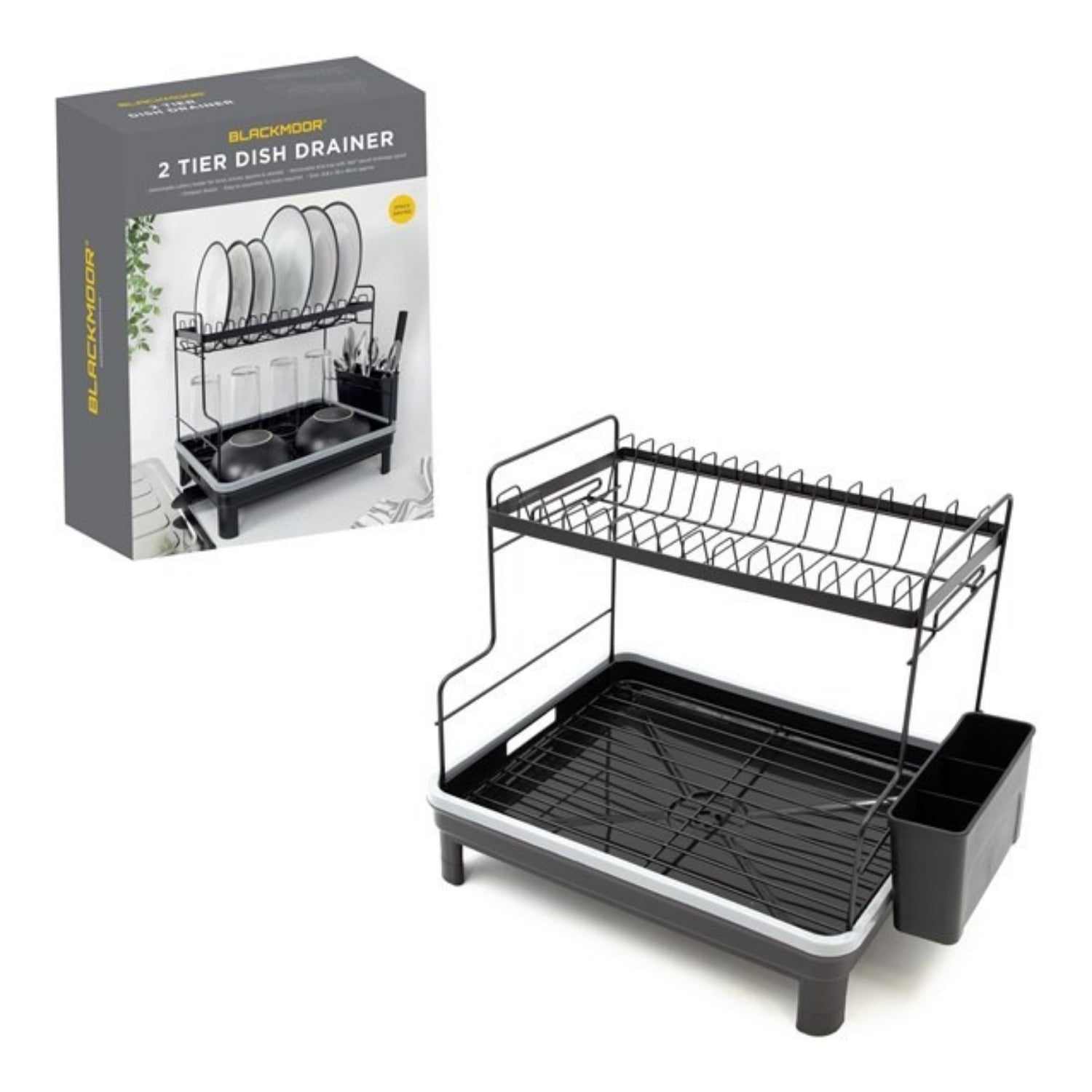 2 Tier Iron with Cutlery Holder Removable Tray Black Dish Drainer Rack