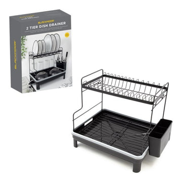 2 Tier Iron with Cutlery Holder Removable Tray Black Dish Drainer Rack