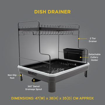 2 Tier Iron with Cutlery Holder Removable Tray Black Dish Drainer Rack