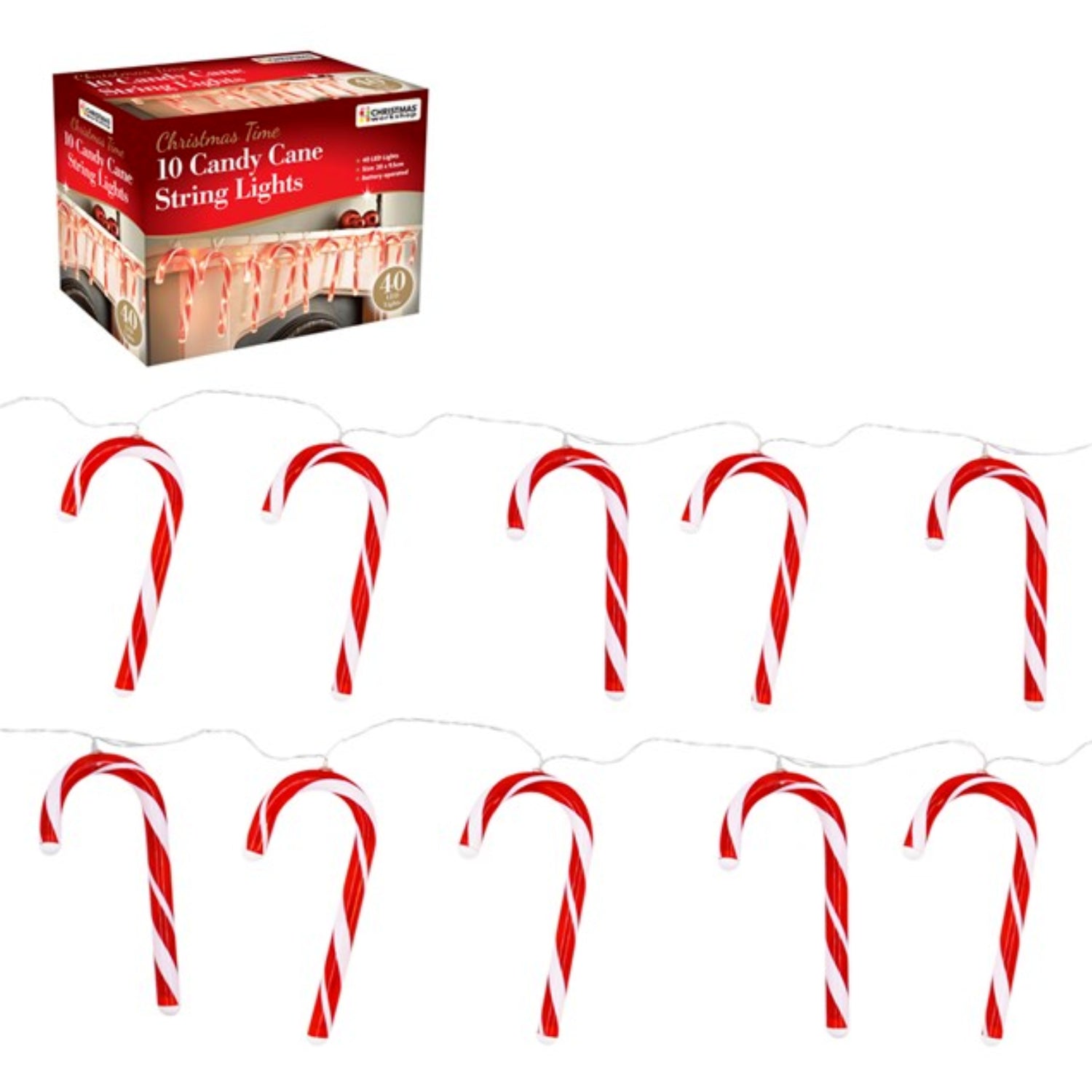 1.8M String LED Lights 10Pcs Candy Cane Battery Operated Christmas Decor