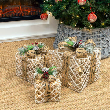 Christmas LED Light-Up Rattan Gift Boxes Decoration