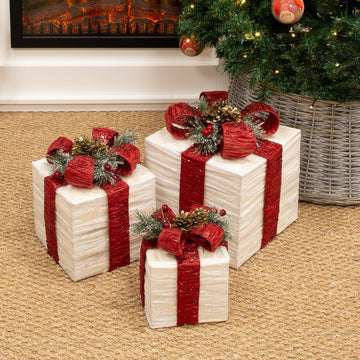 Christmas LED Light-Up Rattan Gift Gold Boxes Decoration