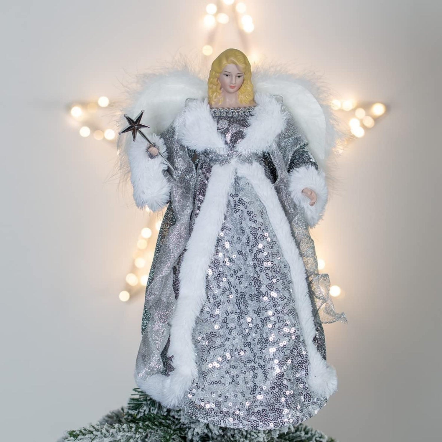 30cm Silver White Dress Feathered Wings Christmas Angel Tree Topper