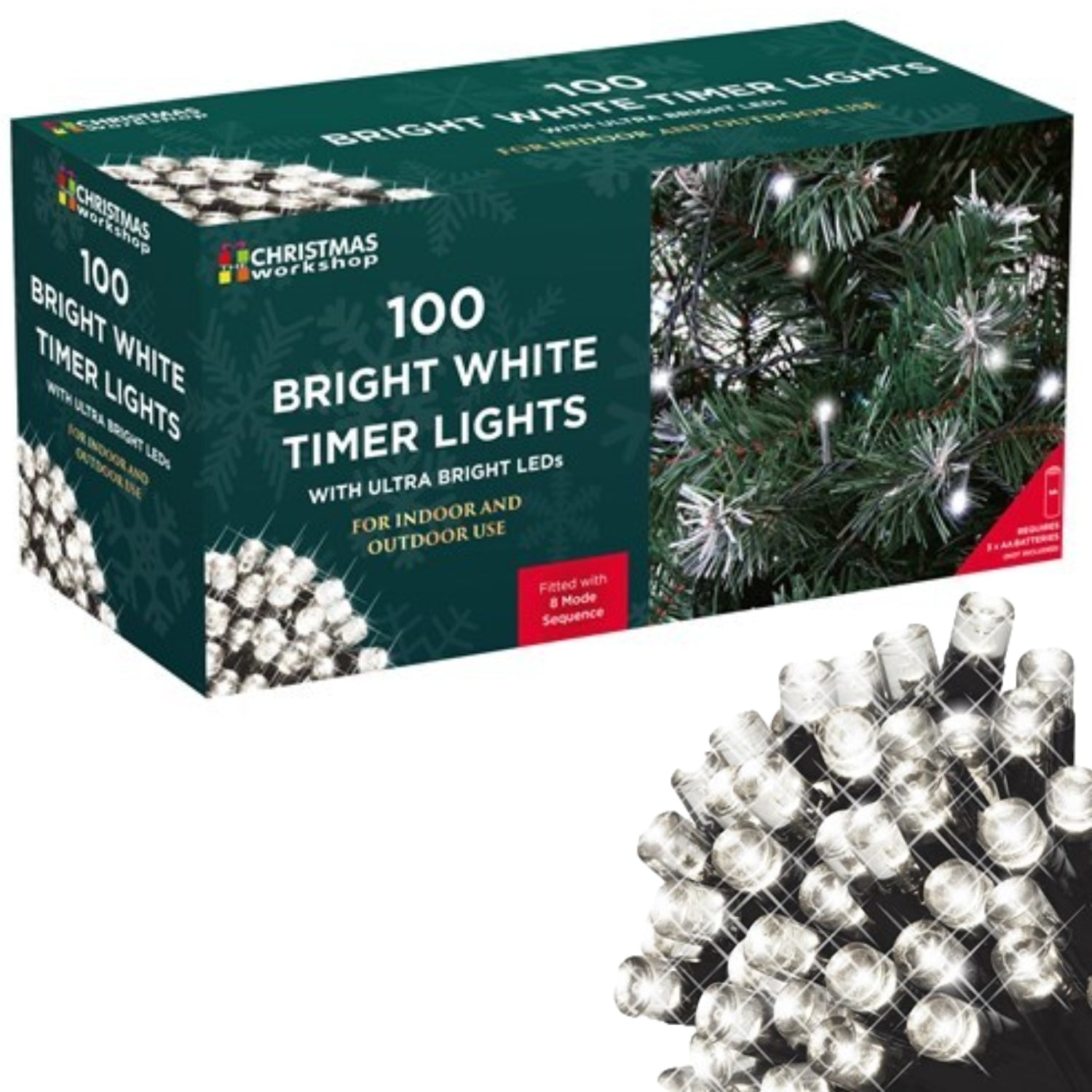 100 LED Bright White Christmas 8 Mode Sequence Timer Fairy Lights
