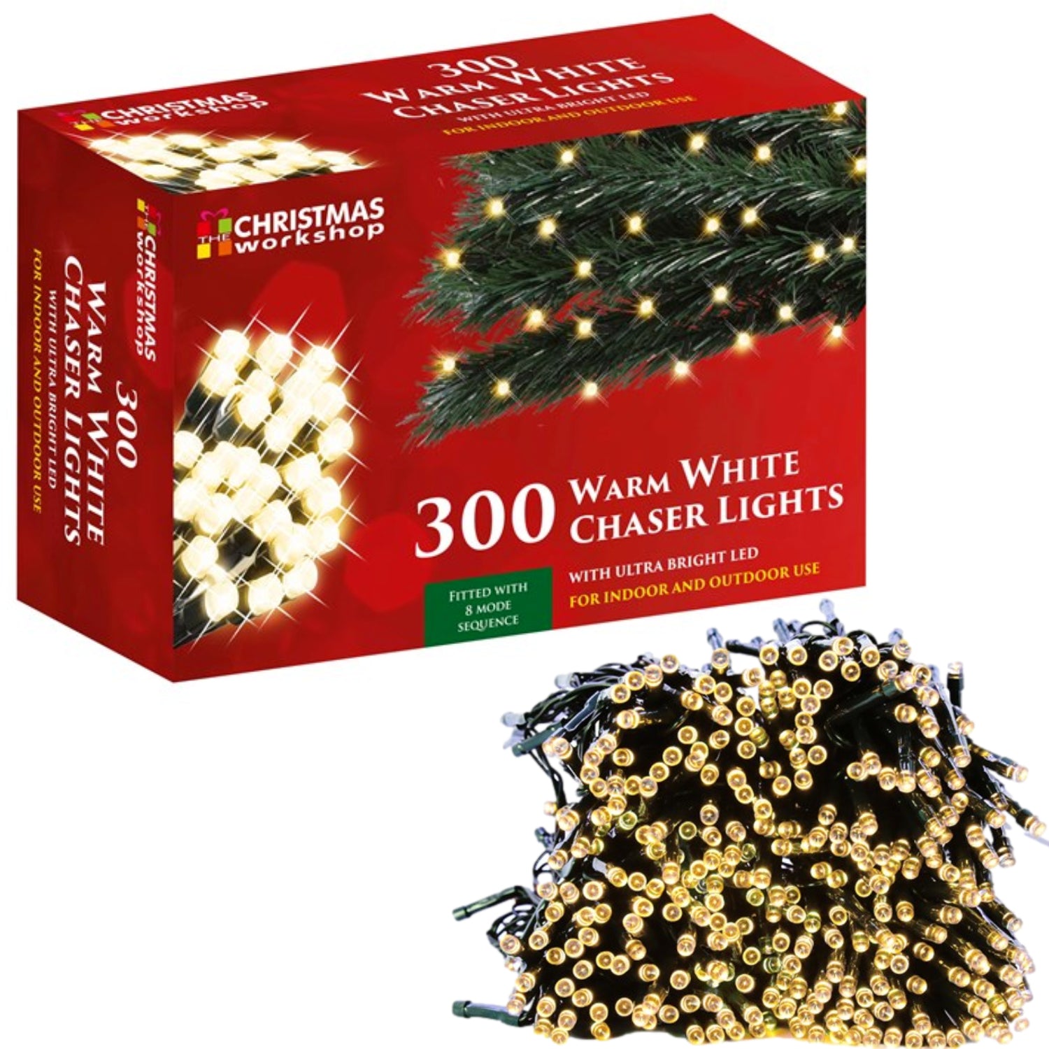 300 Warm White Indoor Outdoor Chaser Christmas Lights