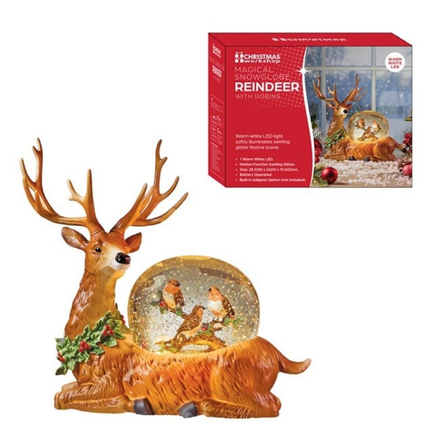 Lightup Glowing Snow Globe Golden Reindeer with Robin LED Light
