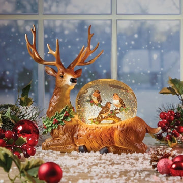 Lightup Glowing Snow Globe Golden Reindeer with Robin LED Light