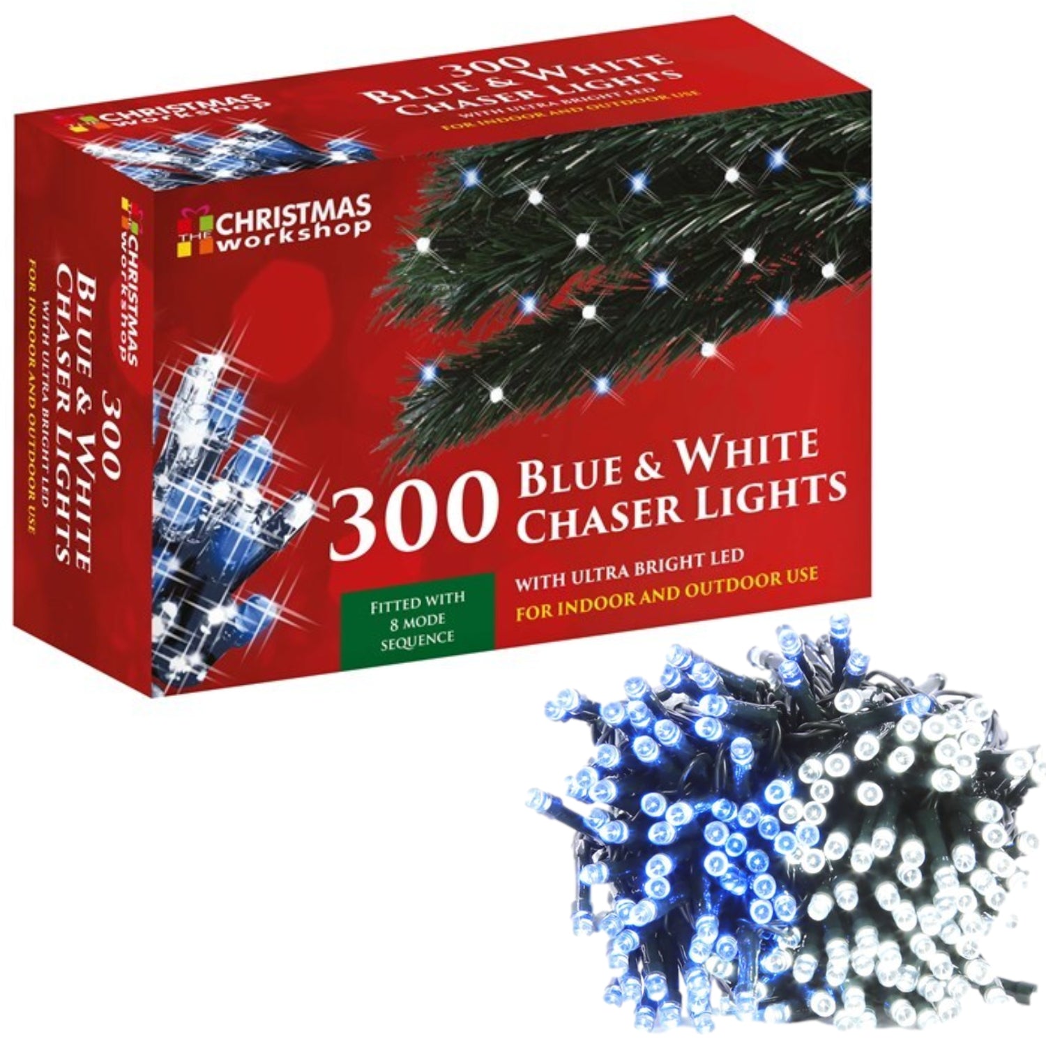 300 LED White & Blue Chaser String Fairy Christmas Lights