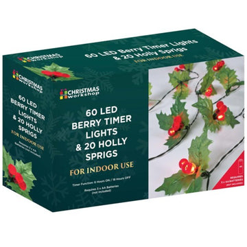 20 Christmas Holly Sprig & Berry with 60 LED Timer Lights