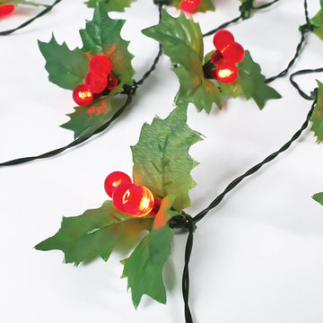 20 Christmas Holly Sprig & Berry with 60 LED Timer Lights