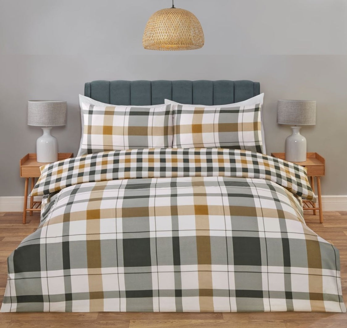 Gingham Tartan Check Duvet Cover Set, Double, Green & Ochre