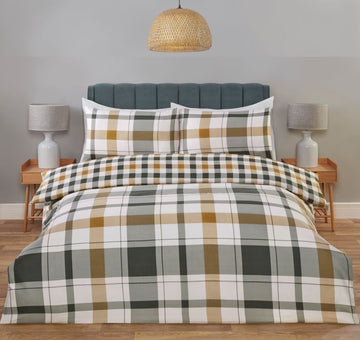 Gingham Tartan Check Duvet Cover Set, King, Green & Ochre