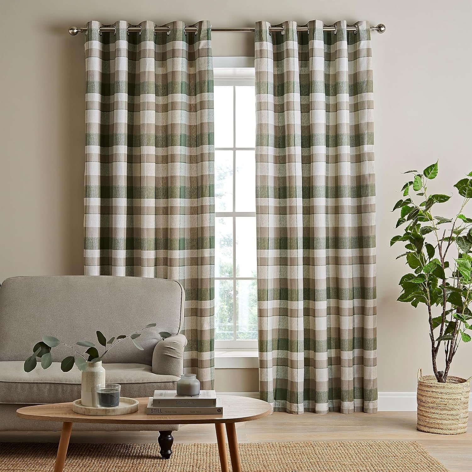 Catherine Lansfield Brushed Cotton Thermal Check Curtains, 46x54", Green