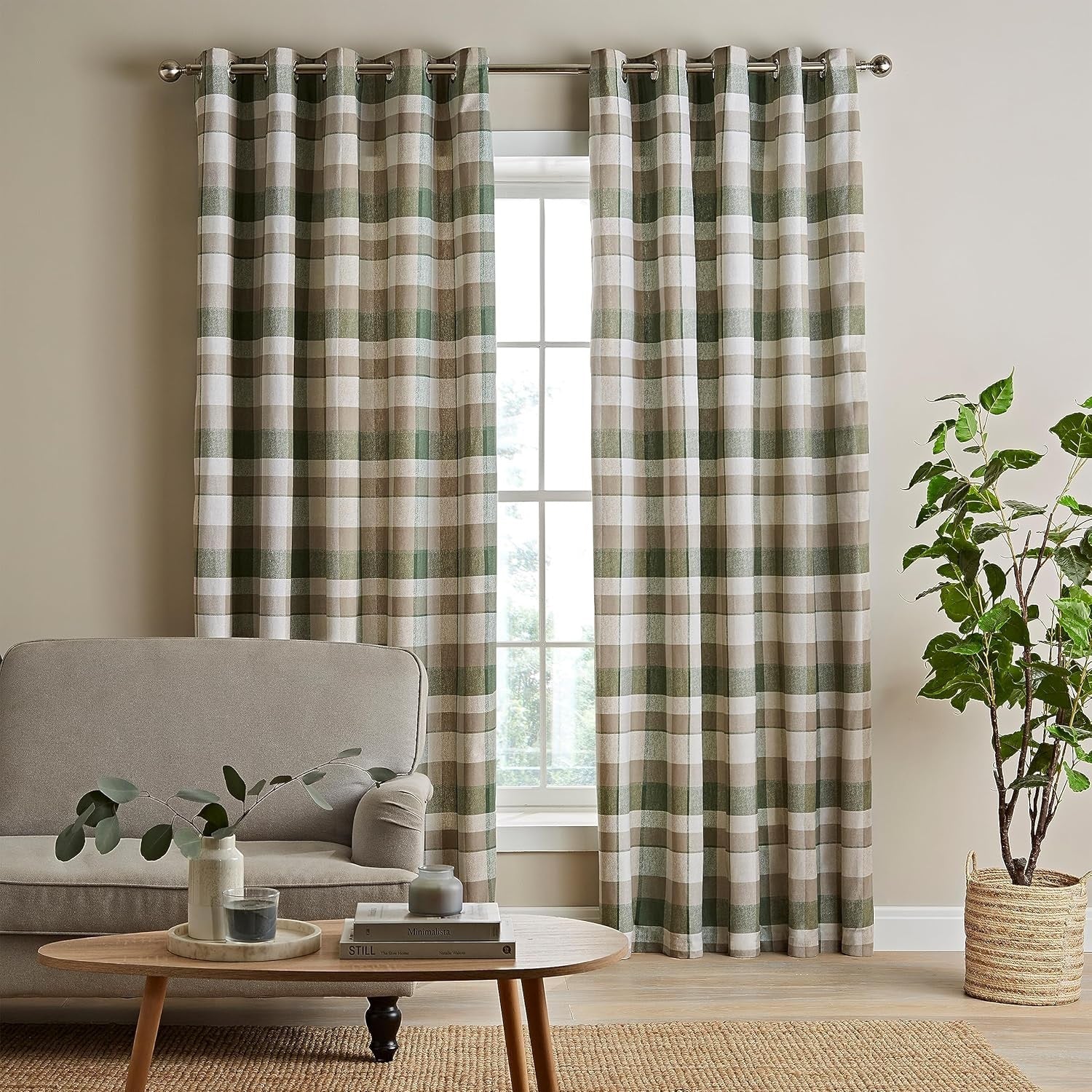 Catherine Lansfield Brushed Cotton Thermal Check Curtains, 46x72", Green