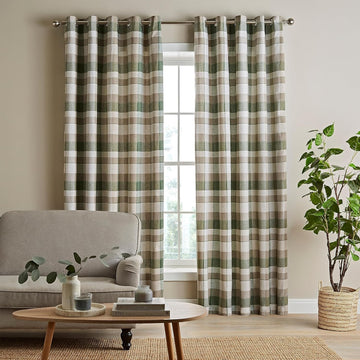 Catherine Lansfield Brushed Cotton Thermal Check Curtains, 66x54", Green