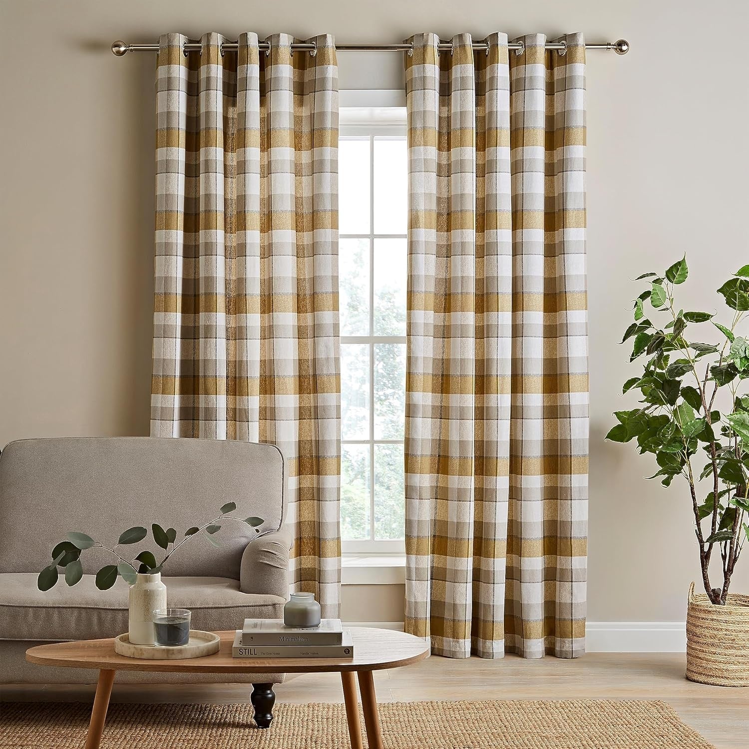 Catherine Lansfield Brushed Cotton Thermal Check Curtains, 66x54", Ochre