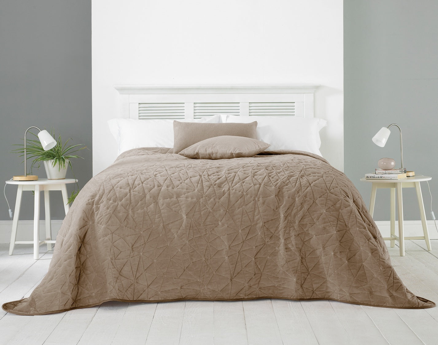 Velvet Geometric Quilted Bedspread Taupe Mink