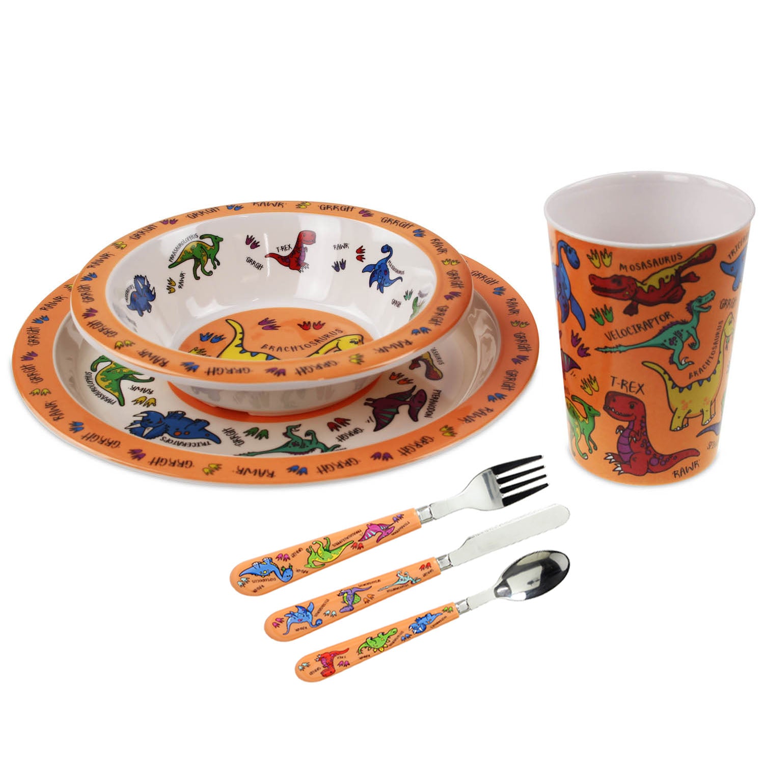 4-pc Orange Dinnerware Set for Kids - Dinosaur