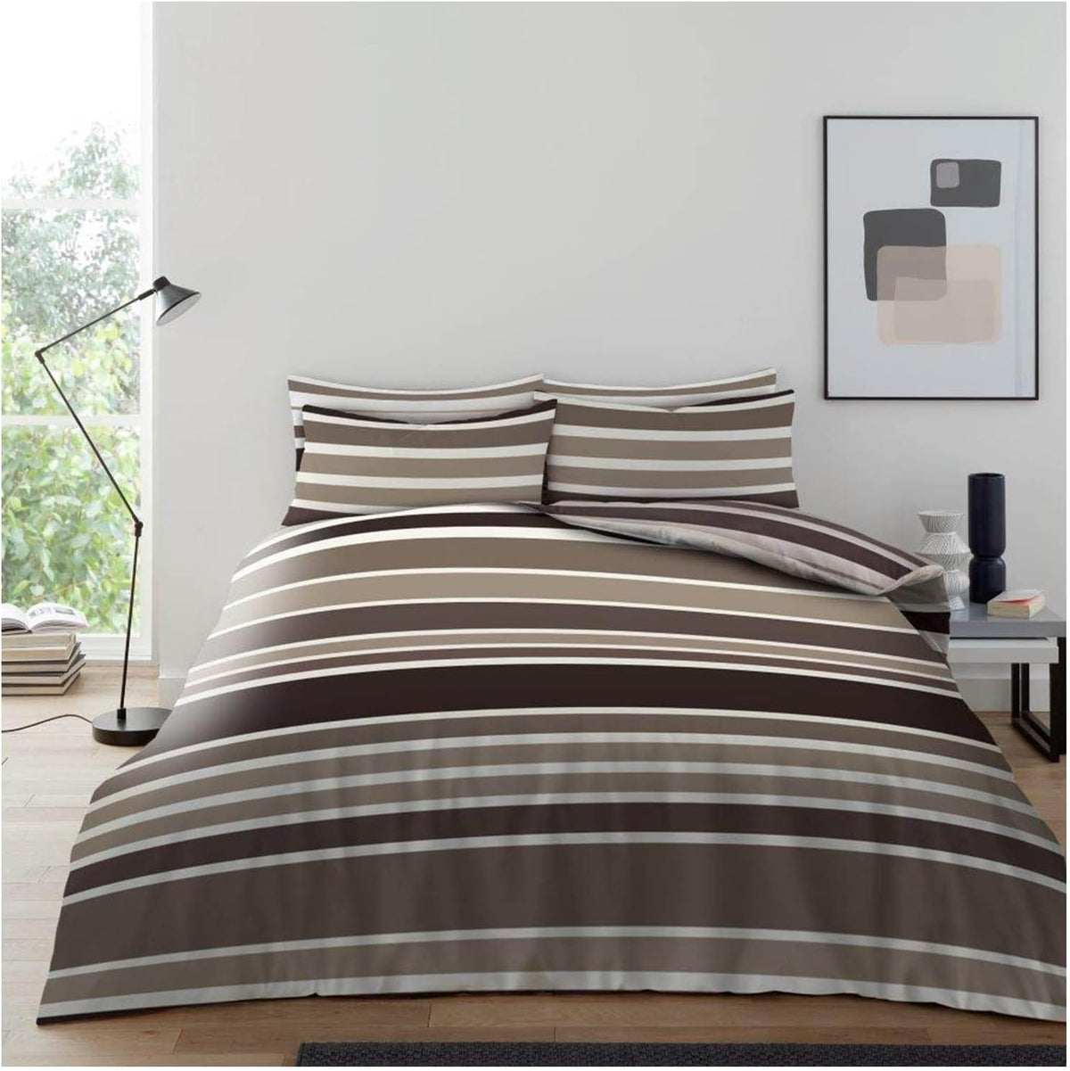 Stripes Complete Duvet Cover Set, Double, Natural & Chocolate