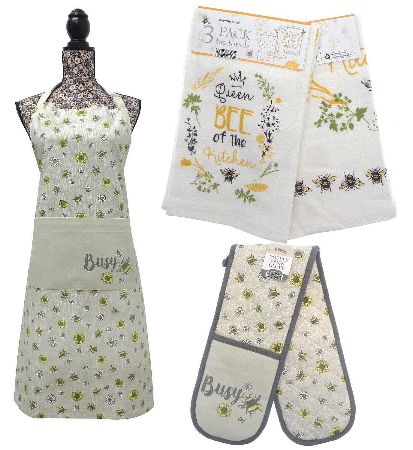 Bees & Flowers Double Oven Gloves + 3pk Kitchen Towels + Apron
