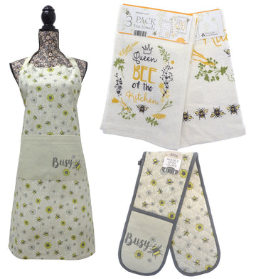 Bees & Flowers Double Oven Gloves + 3pk Kitchen Towels + Apron