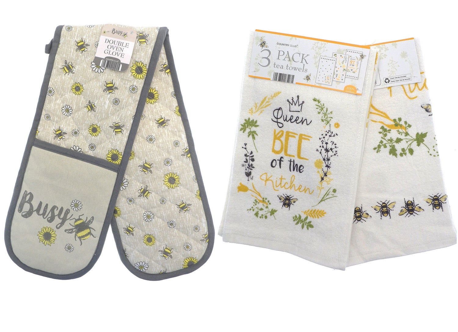Bees & Flowers Double Oven Gloves + 3pk Kitchen Towels