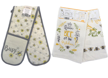 Bees & Flowers Double Oven Gloves + 3pk Kitchen Towels