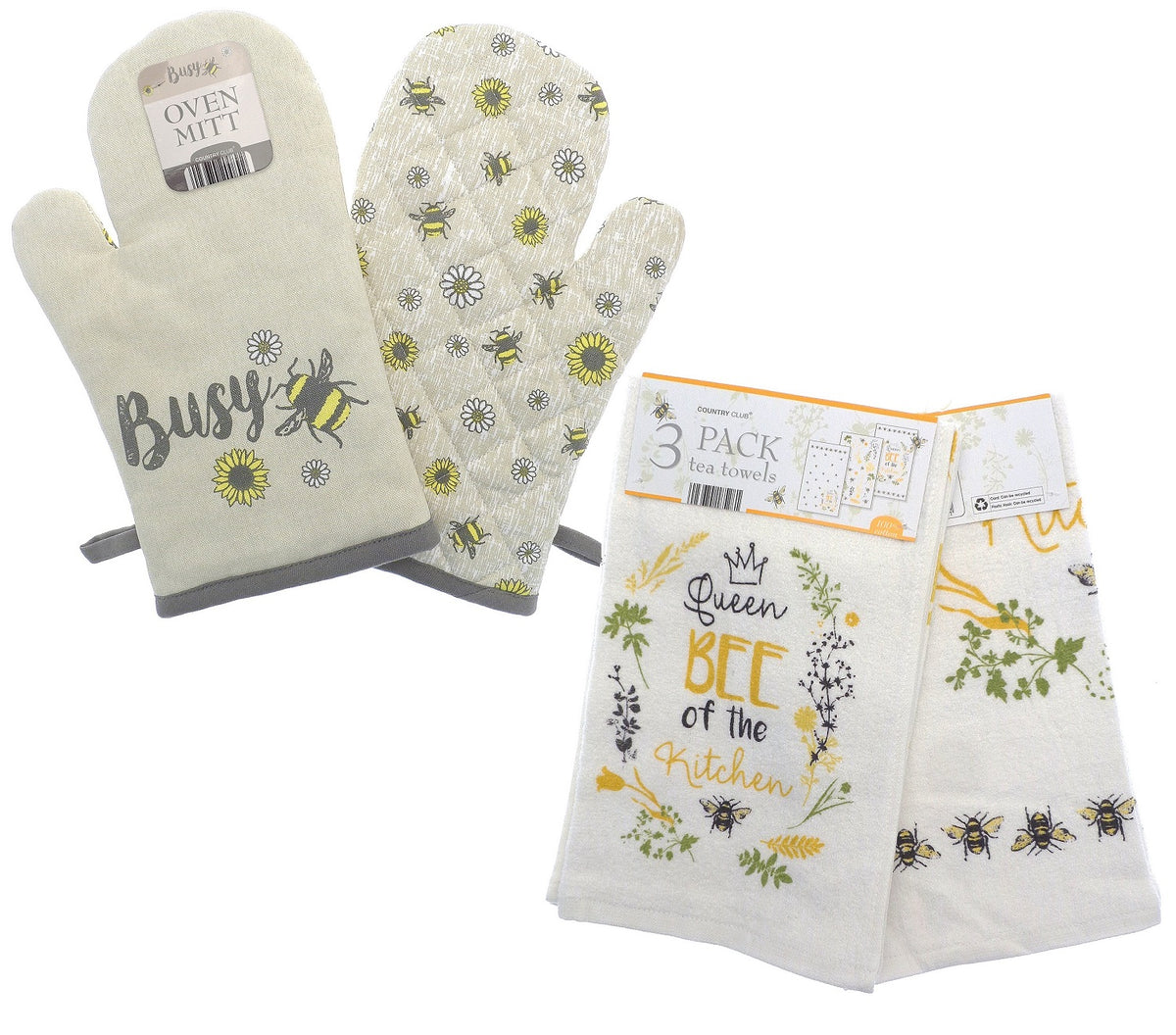 Bees & Flowers Single Oven Glove Mitt + 3pk Kitchen Tea Towels