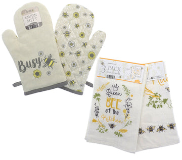Bees & Flowers Single Oven Glove Mitt + 3pk Kitchen Tea Towels