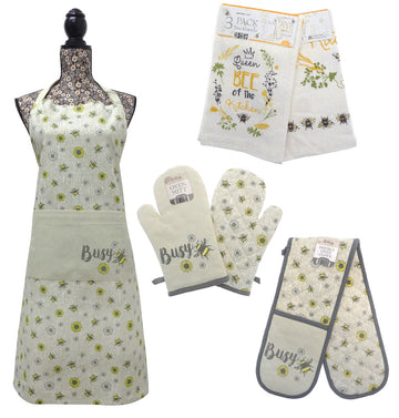 Bees & Flowers Double Oven Gloves+ Mitt + 3pk Kitchen Towels + Apron