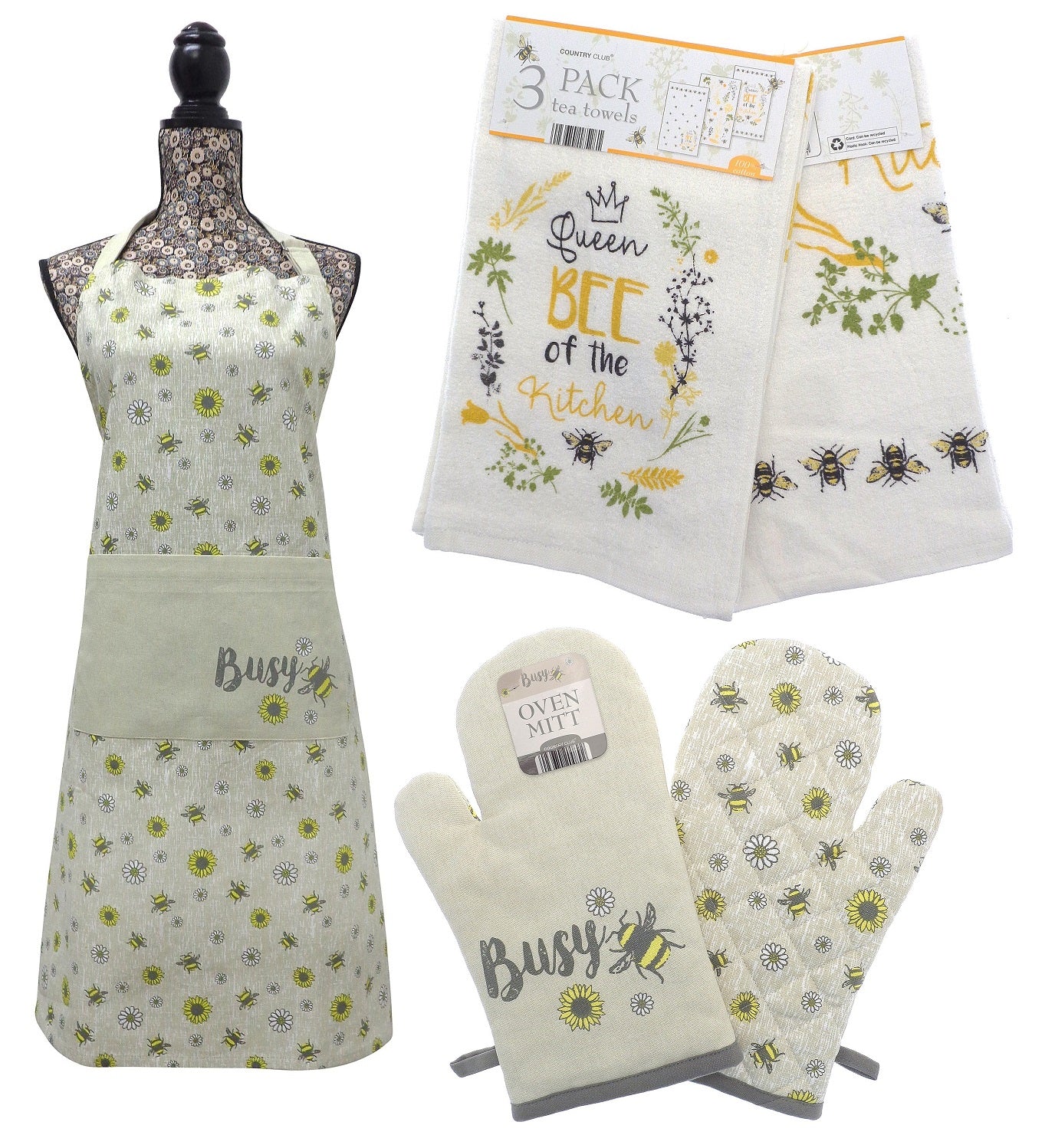 Bees & Flowers Single Oven Glove Mitt + 3pk Kitchen Towels + Apron