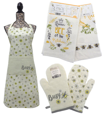 Bees & Flowers Single Oven Glove Mitt + 3pk Kitchen Towels + Apron