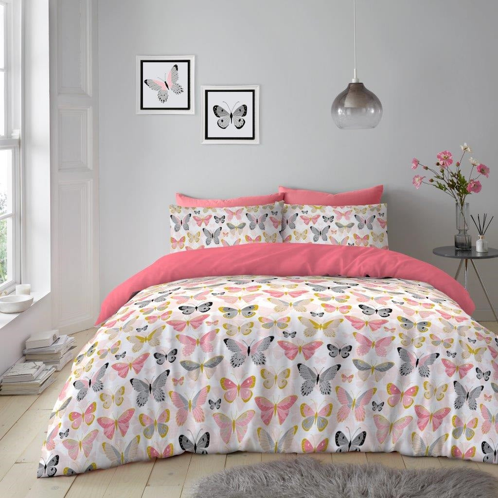 Butterfly Print Duvet Cover Set, Double, Pink