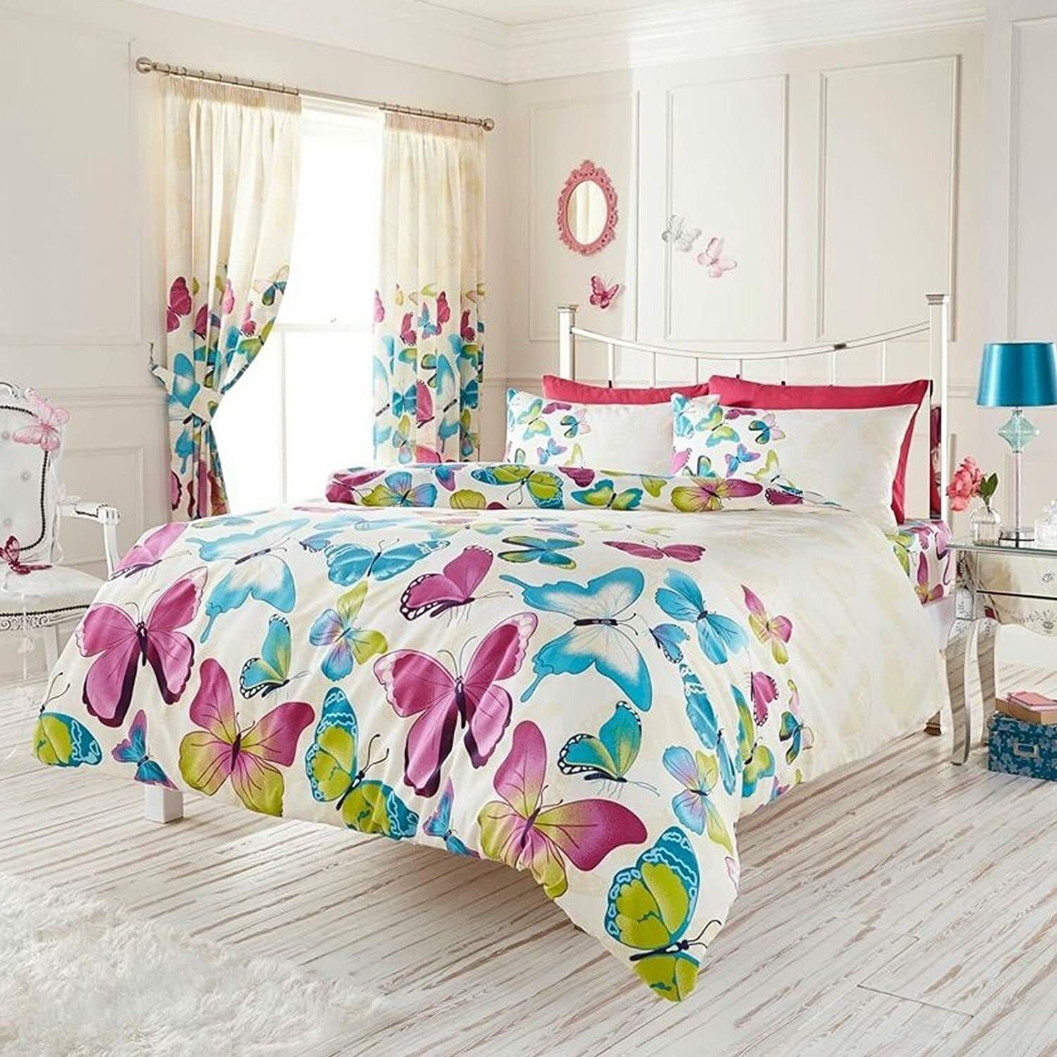 Fluttering Butterfly Duvet Cover Set, Double, Pink, Teal & Green
